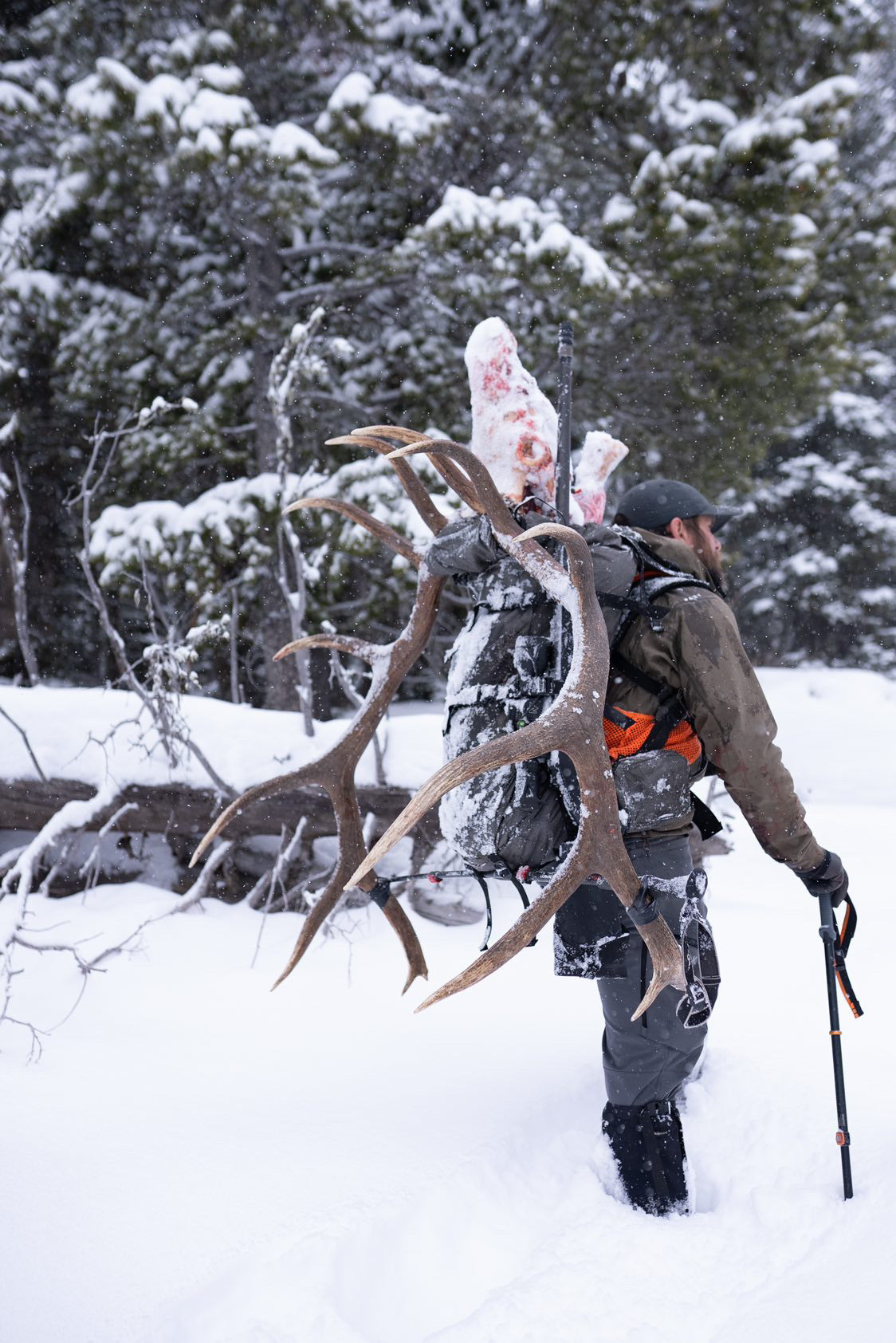 Person carrying elk antlers in a snowy forest