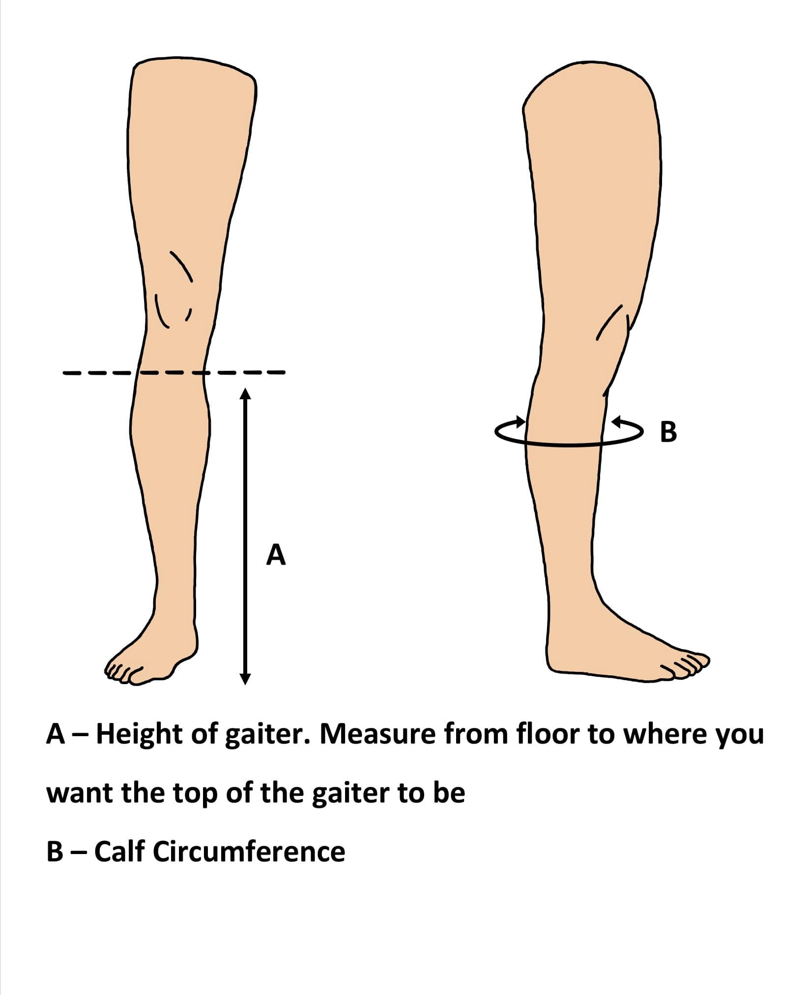 Diagram showing how to measure gaiter height and calf circumference on a leg.