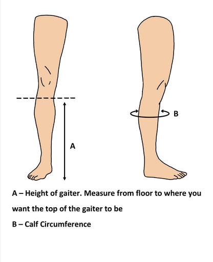Diagram showing how to measure gaiter height and calf circumference on a leg.