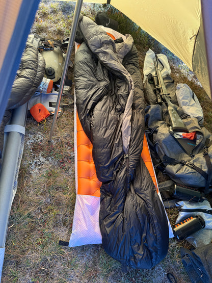 Sleeping bags and camping gear on the ground with a tent in the background