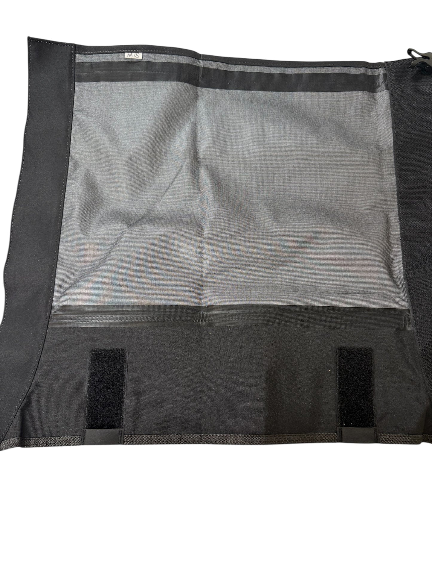 Black mesh bag with a clear window on a white background